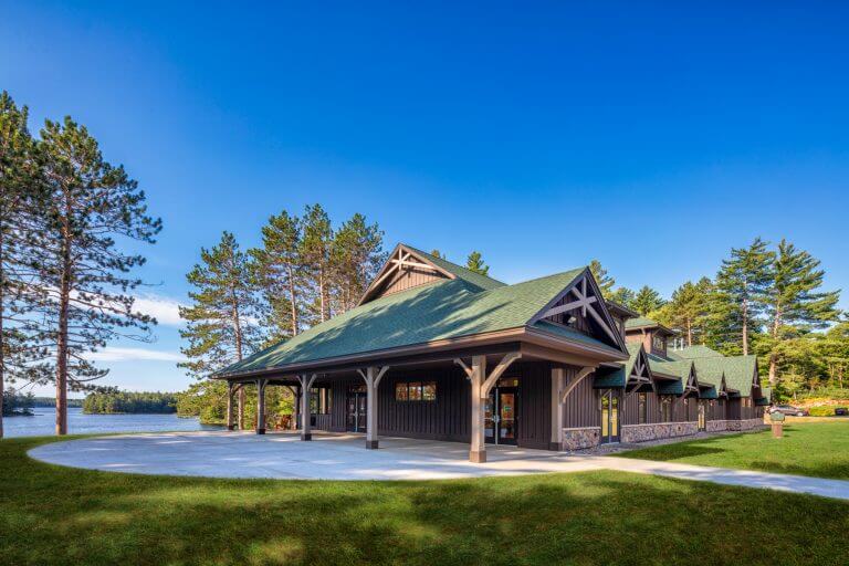 Exterior view of dining hall overlooking the lake