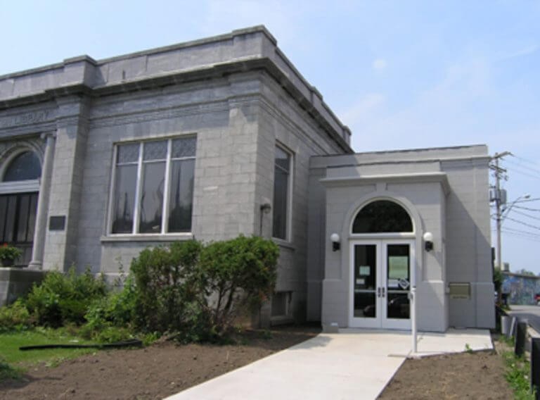 exterior stone architecture of library entrance