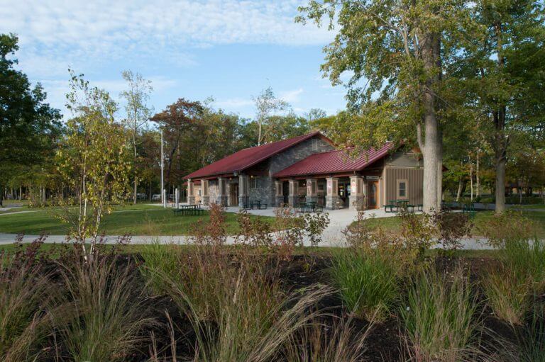 beach park building with landscaping