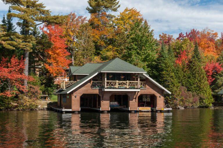 large boathouse with covered balcony