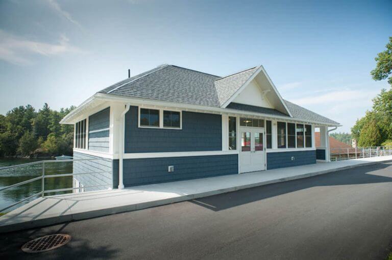 upper level of shoreside building with paved roadway