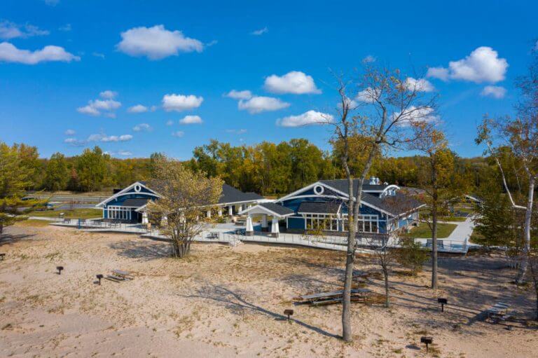 aerial view of architect designed beach park buildings