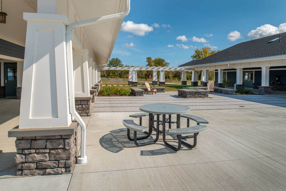 picnic table in courtyard of architect designed park building complex