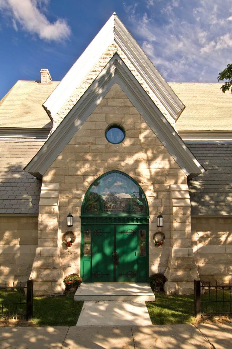 chapel main entrance with stained glass