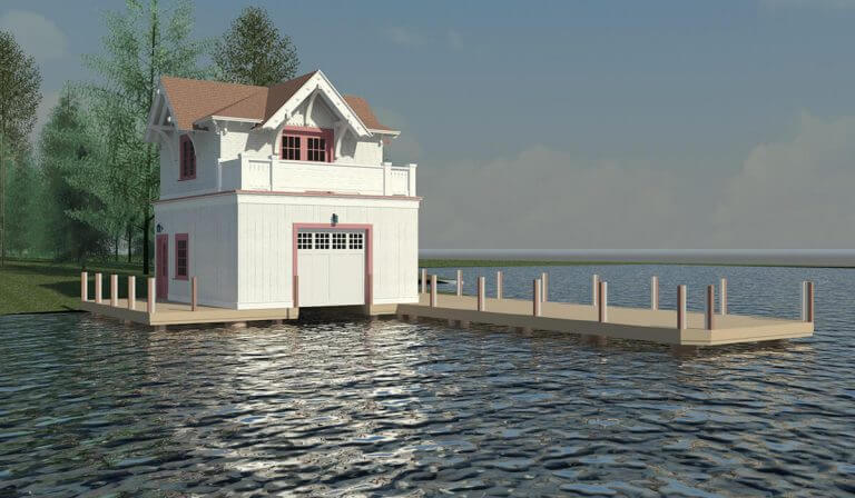 front view of 3d rendering of custom boathouse