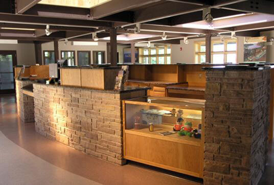 building interior with stone kiosk