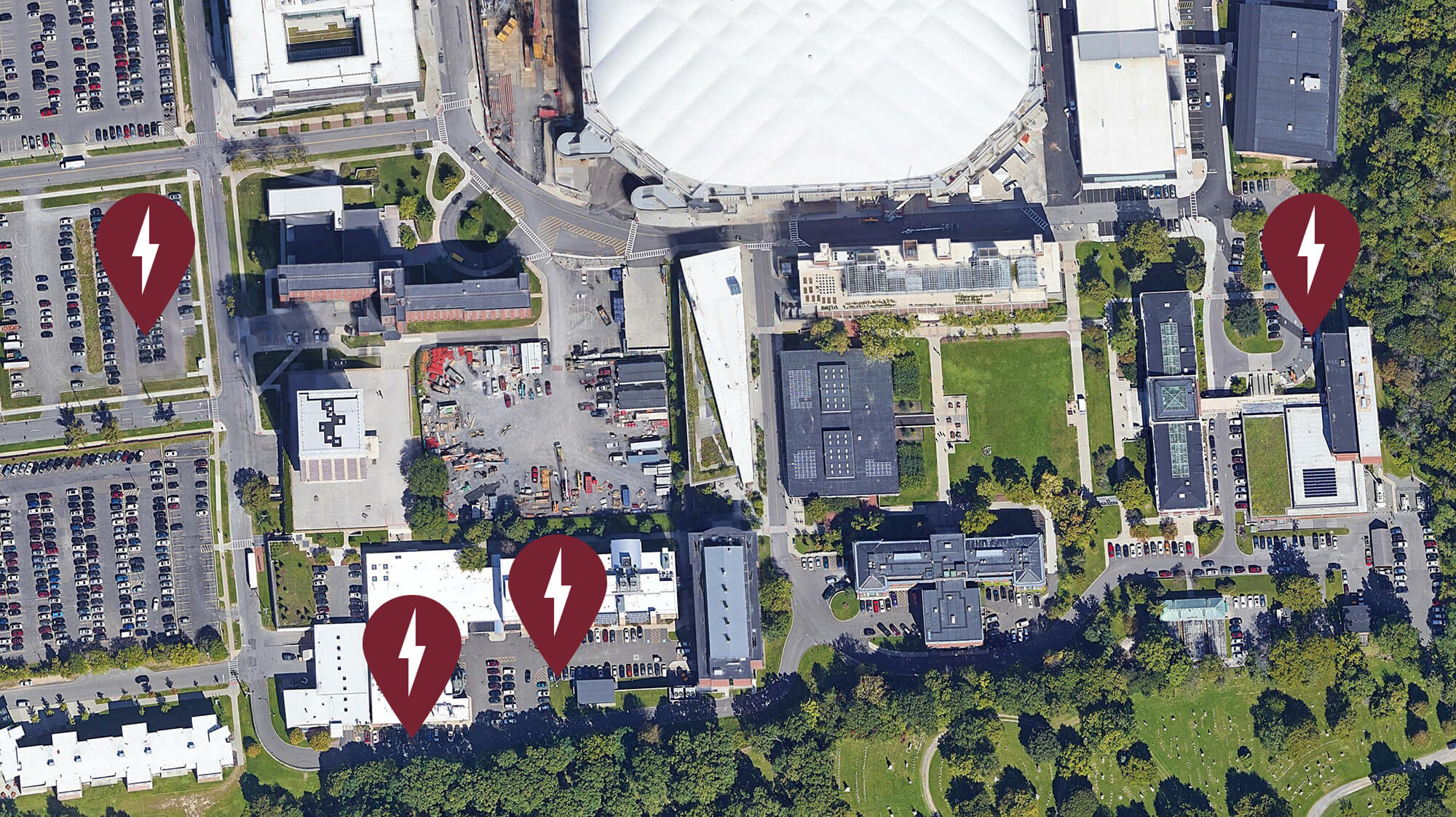 Aerial view notating the EV charging station locations on SUNY ESF's campus