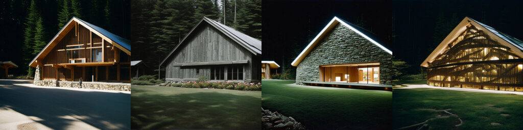 A composite image of four AI renderings of the same building.